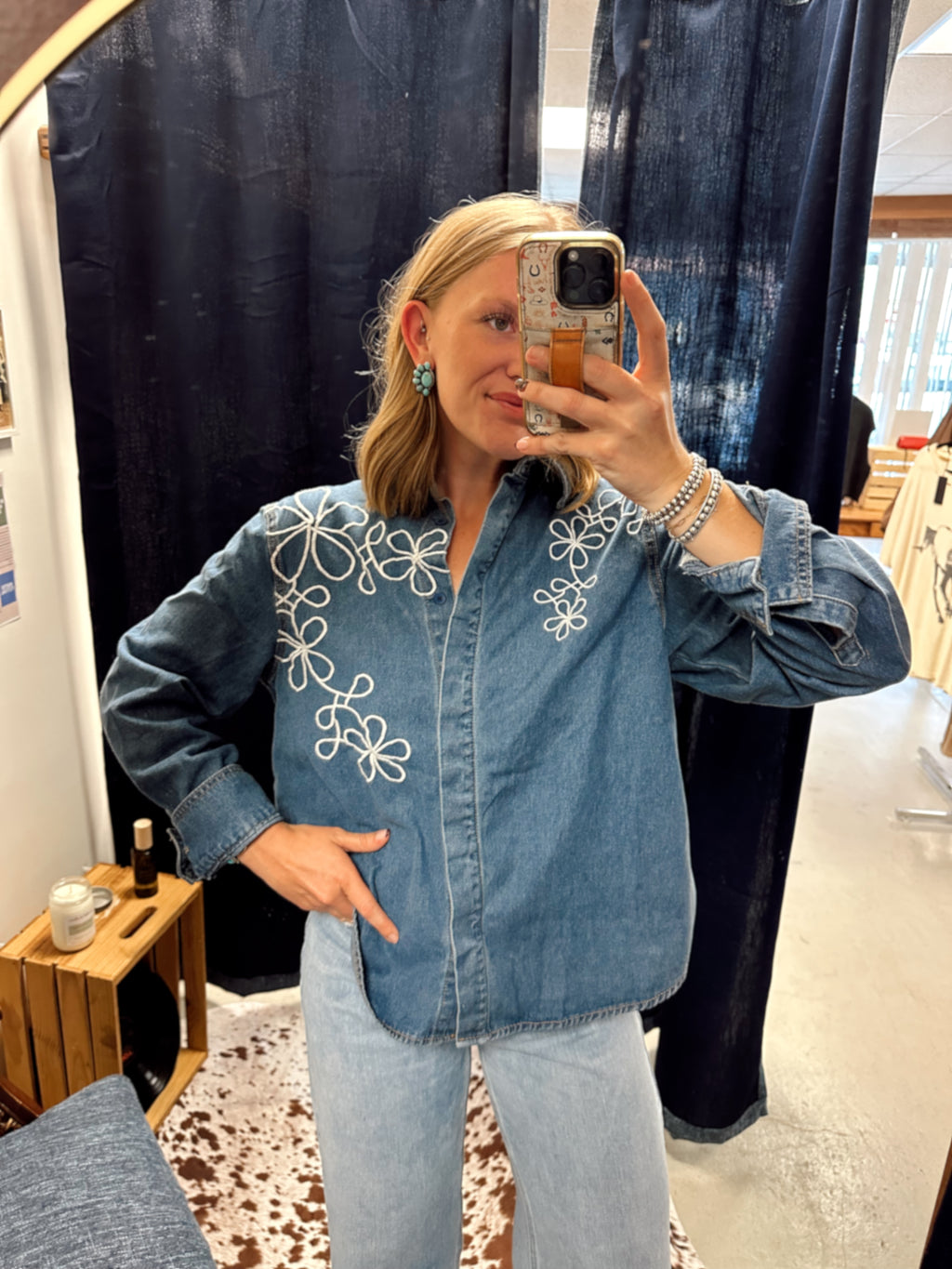 Embroidered Denim Button Up