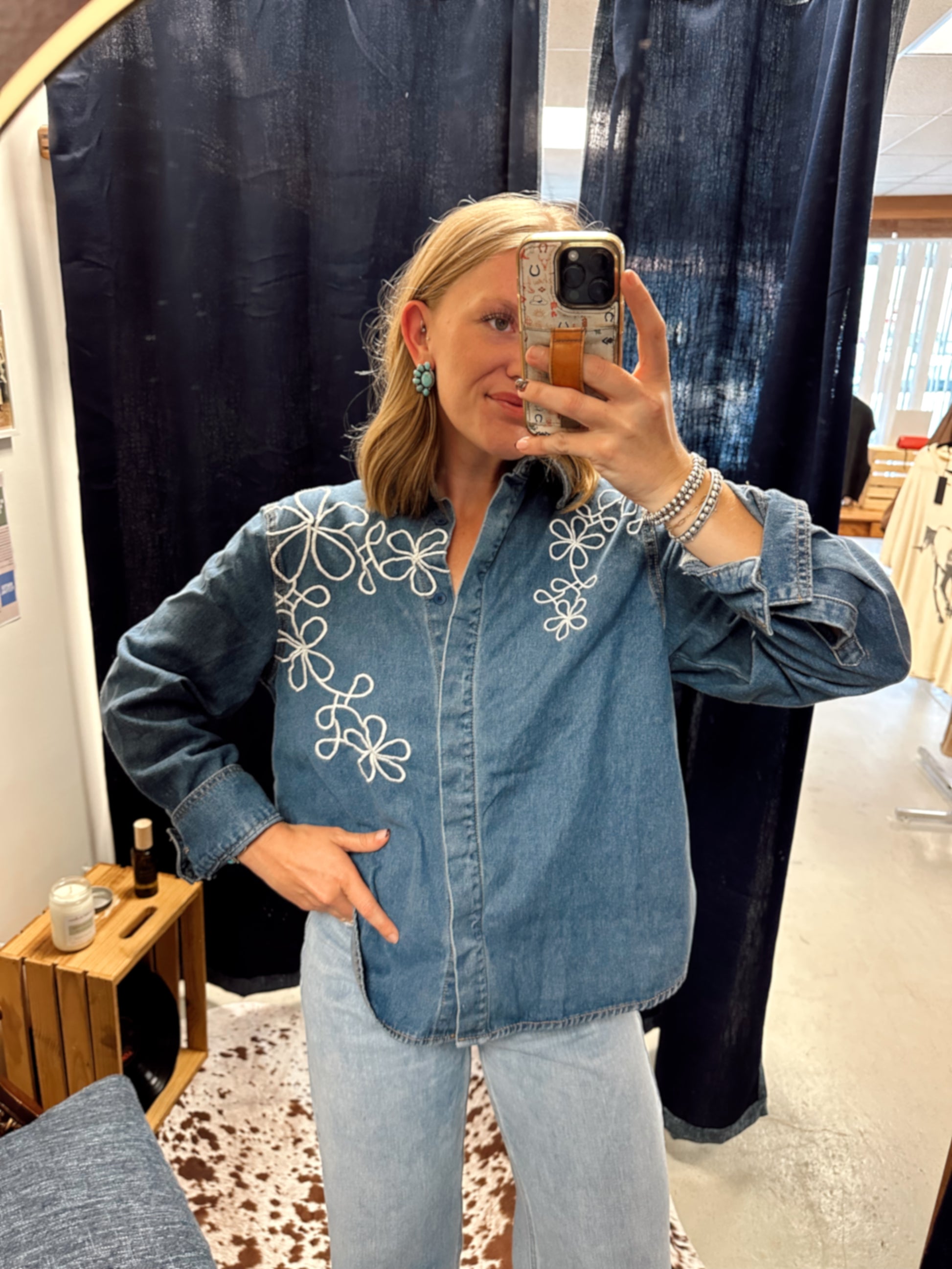 Embroidered Denim Button Up