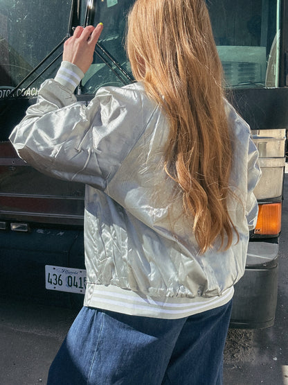 Silver Satin Retro Bomber