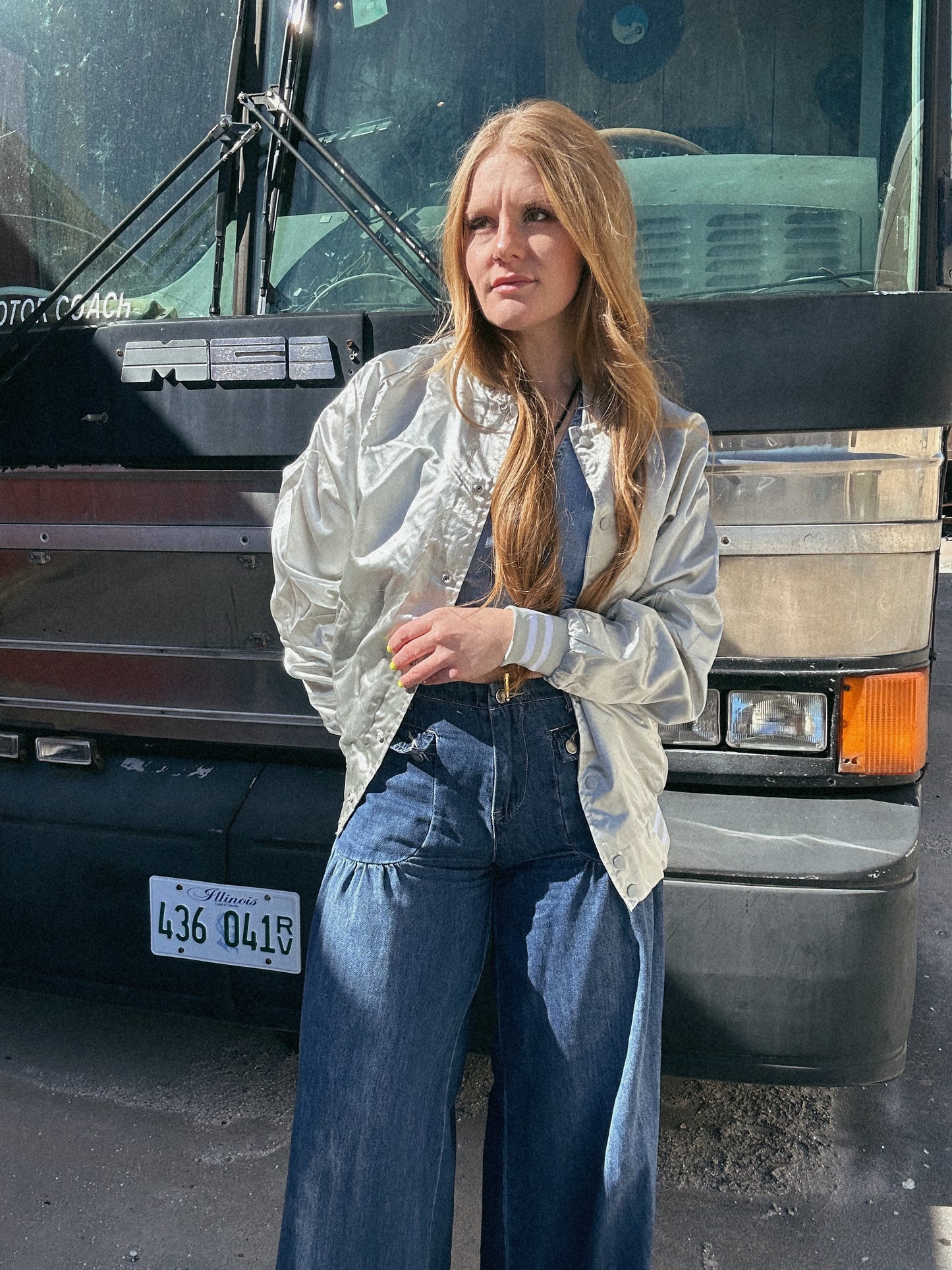 Silver Satin Retro Bomber