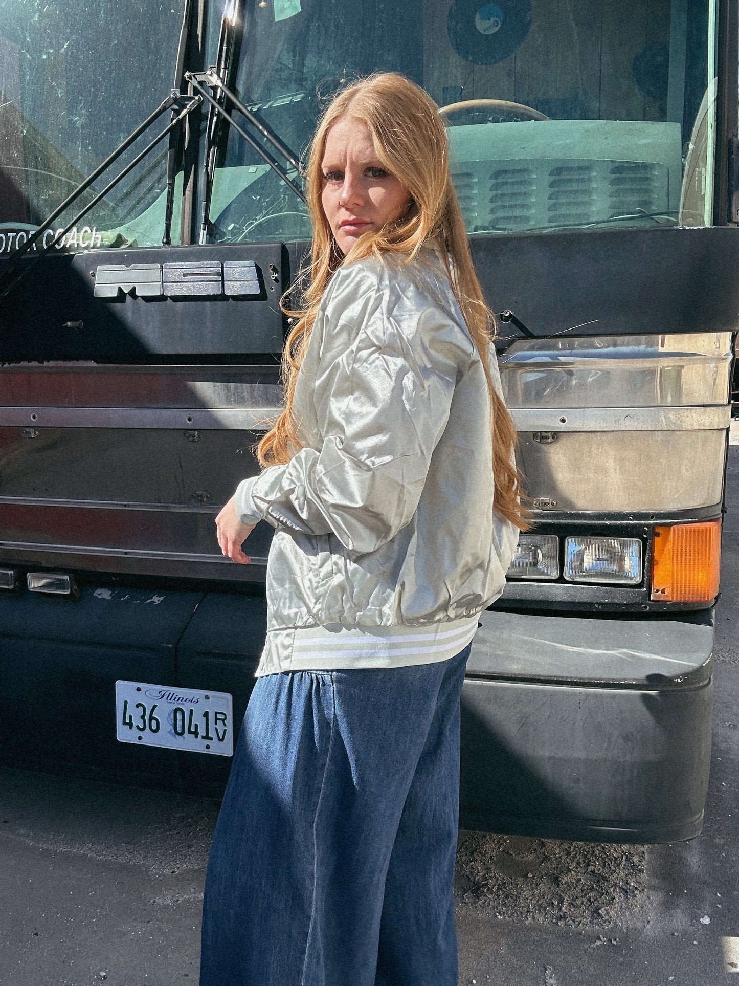 Silver Satin Retro Bomber