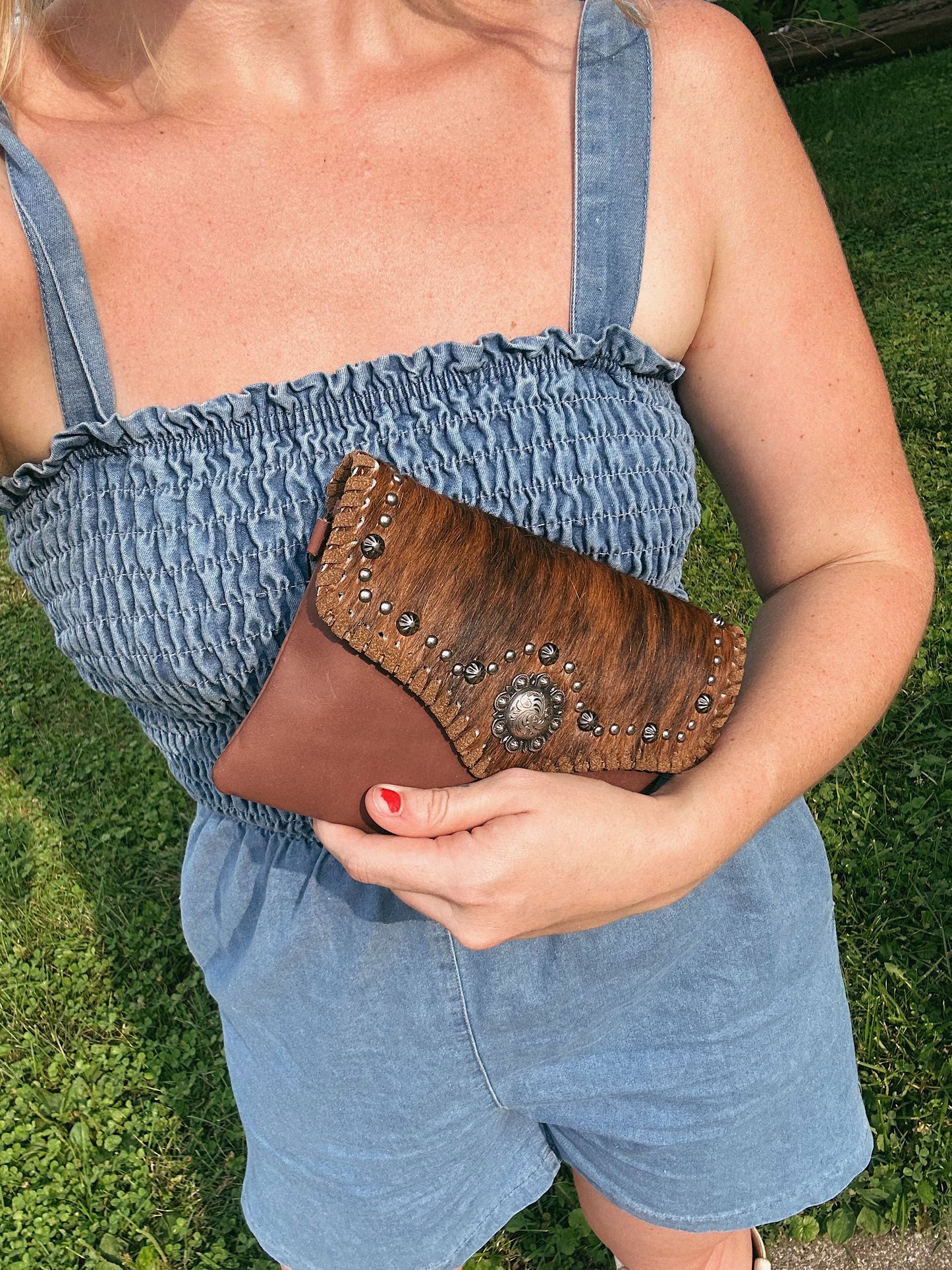 Montana West Studded Cowhide Clutch w/ strap