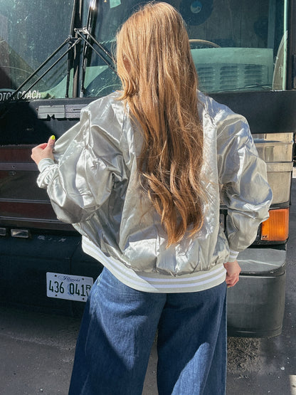 Silver Satin Retro Bomber